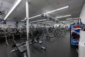 Interior view of a gym showcasing member benefits - an array of weights and fitness machines positioned in the center of the space.